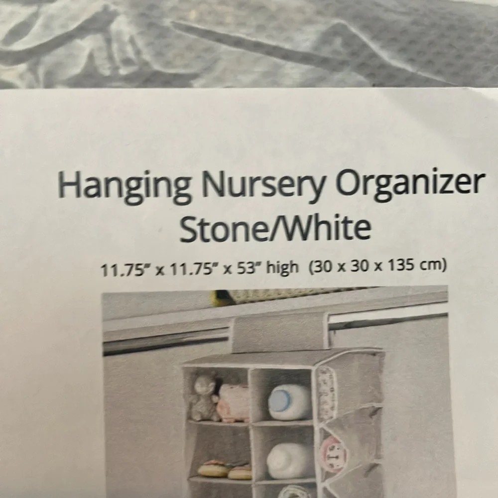 Hanging Nursery organizer stone/white 11.75”x 11.75”x 53” H NWT